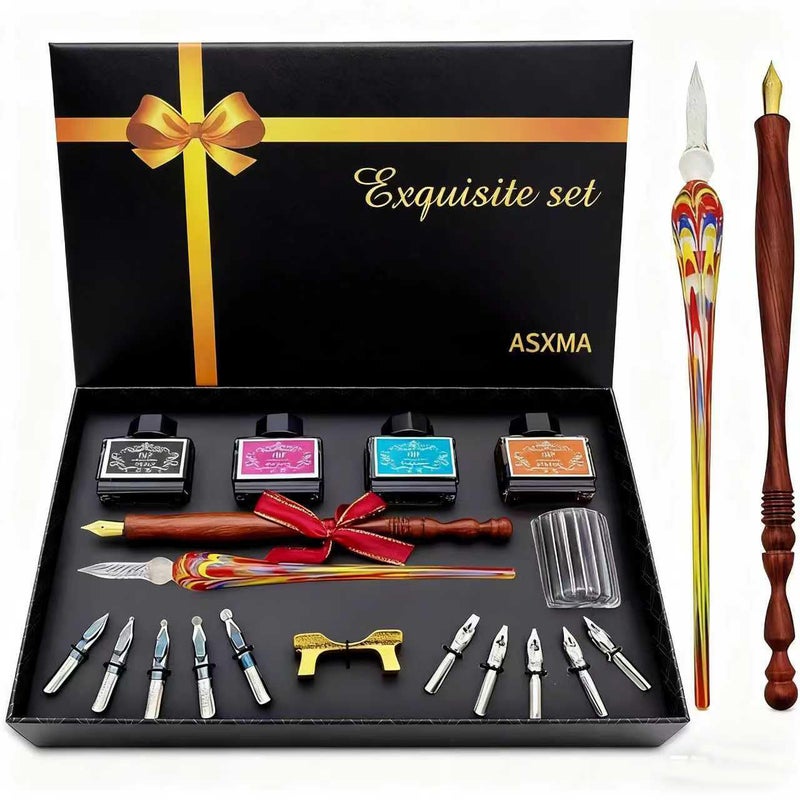 ASXMA Calligraphy Pens Gift Set - Personalized Caligraphy Pen Kits Calligraphy Set For Beginners&professional.glass dip pen Include Glass And Wooden Dip Pen,Pen Holder,Various Sizes Of Nibs Etc - Image 1
